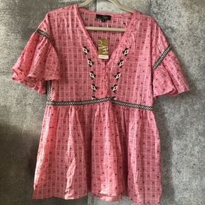 Medium NWT Suzanne Betro Red Black Cotton Top Boho